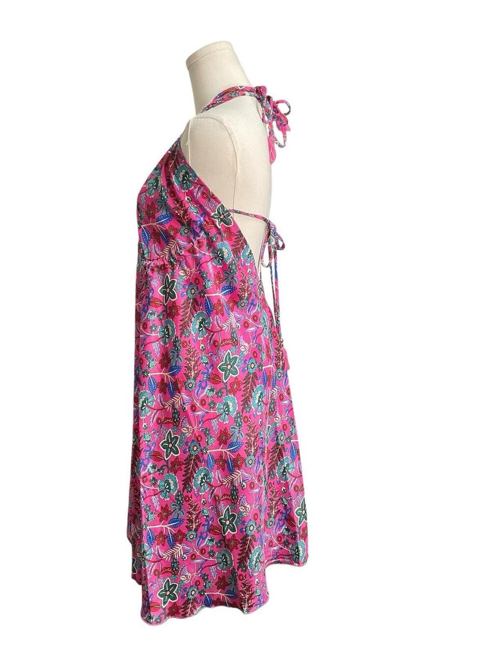 Rhea Pink Floral Halter Dress S NWT Tie Back Boho Summer Short Dress Womens A27 - Picture 3 of 5